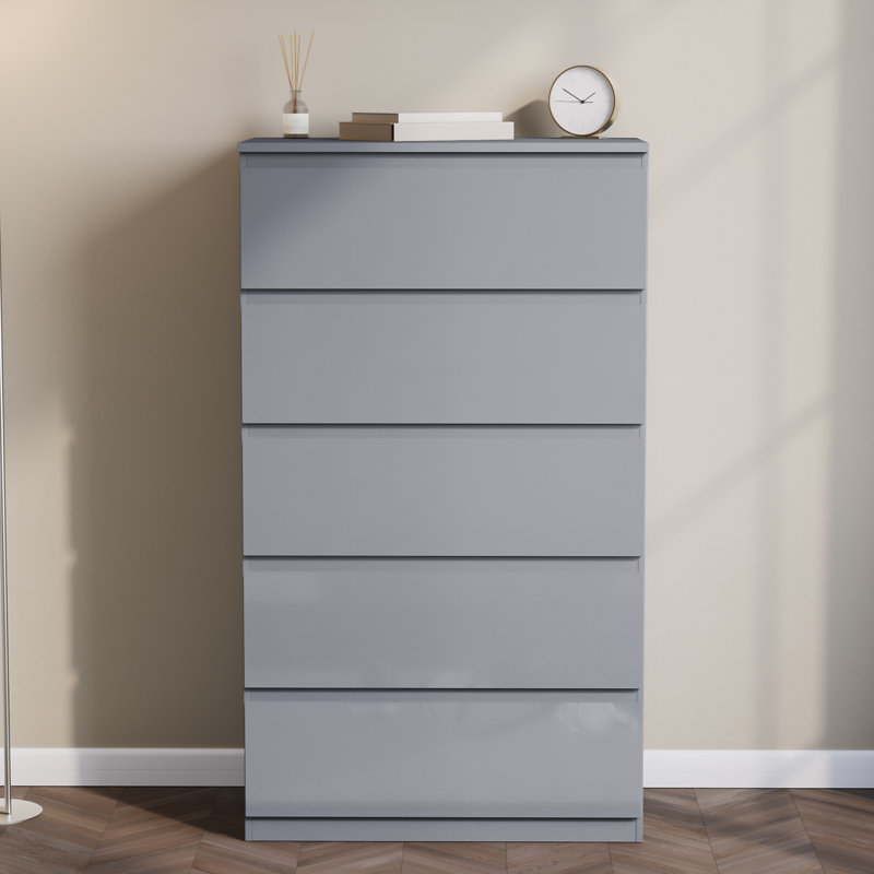 Oslo 5 Drawer High Gloss Chest, (FSC 100%), Bedroom Home Storage Furniture, Grey