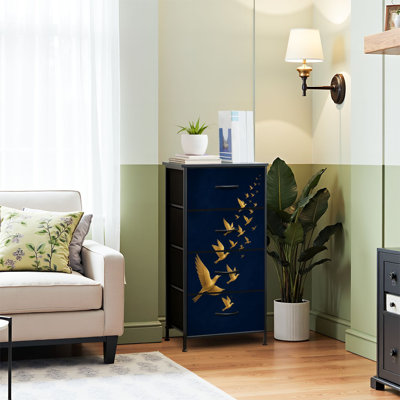 Commode 4 tiroirs pour chambre à coucher, commode étroite, plateau en bois et structure de bureau en fer 18 po x 37,5 po (lxH) - avec imprimé vol d'oiseau doré - bleu foncé