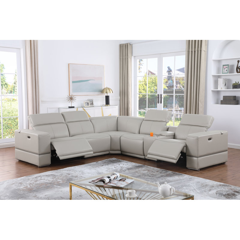 Marco Collection Sectional Genuine Leather Reclining , Light Gray Genuine Leather