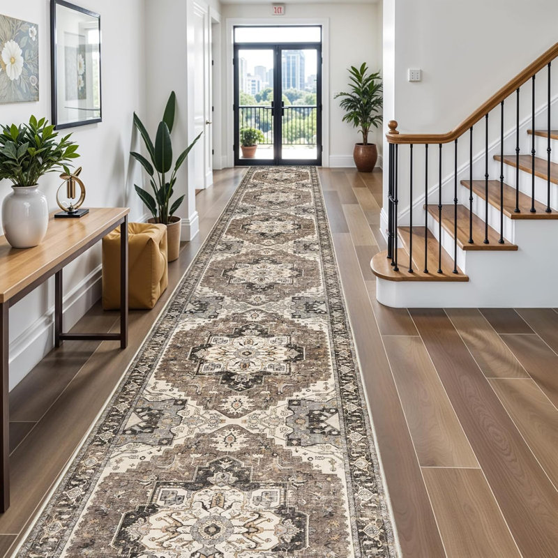 Rug Hallway - Washable Kitchen Vintage Stain Resistant Rugs Indoor Ultra-Thin Soft Floor Mat Non-Slip Rubber Backing Carpet for Bathroom Living Room Bedroom (Beige)