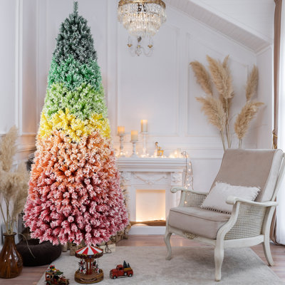 Sapin de Noël floqué arc-en-ciel dégradé de 2,3 m, 1927 branches, finition enneigée, structure articulée, support en métal pour décoration festive.