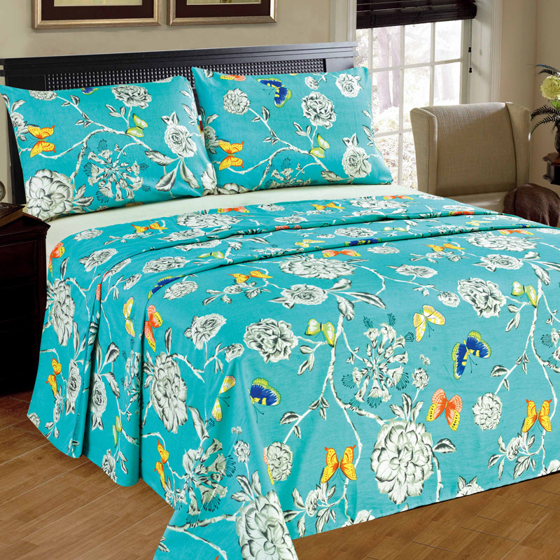 Butterfly Wonderland Microfiber Jersey Knit Floral Flat Sheet, California King Flat Sheet Set + 1 Pillowcase