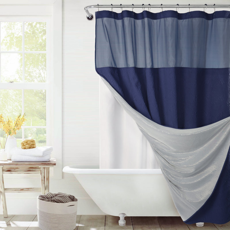 Rideau de douche à motif floral Preslynn avec crochets inclus et doublure incluse, Bleu marine