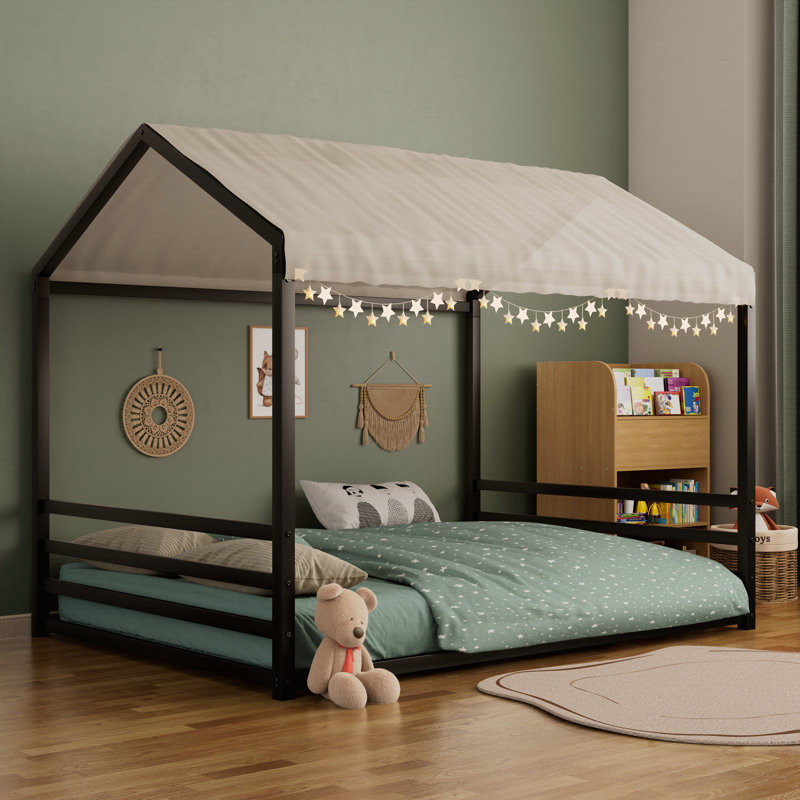 Structure de lit double en métal Montessori, lit en forme de maison avec garde-corps pour enfants et tout-petits, Double
