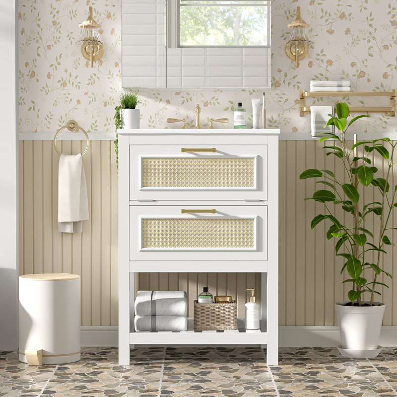 Meuble-lavabo de 24 po avec lavabo intégré en céramique, meuble-lavabo à 1 tiroir profond, 1 tiroir basculant et meuble-lavabo simple pour les petites et moyennes toilettes