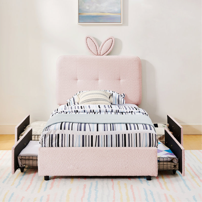 Upholstered Bed With Rabbit Ear Headboard, LED Light And 4 Storage Drawers, Lit simple, Pink
