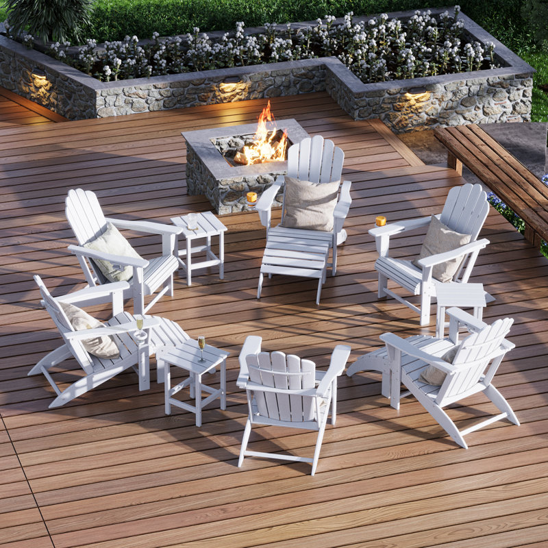 Ensemble de 12 chaises d'extérieur en poly Adirondack avec repose-pieds et table d'appoint, Blanc