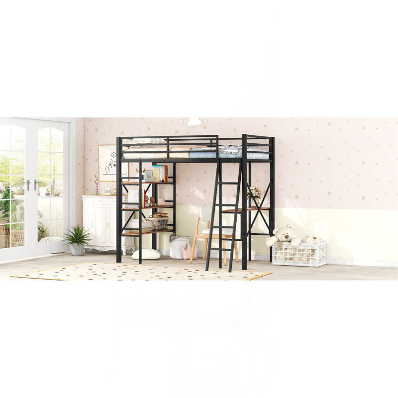 Lit mezzanine simple en métal avec tablettes et bureau