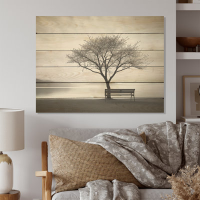 «Black and White Lakeside Nature Serenity - Lakes Lakehouse, art mural sur bois de pin naturel