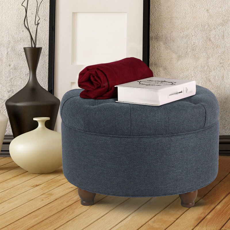 Repose-pieds rond et capitonné Aldolphus, Bleu marine 100% polyester