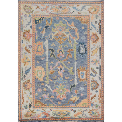 Tapis oriental bleu à motif floral Oushak 4 x 6