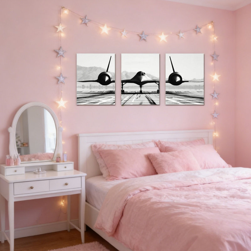 Art mural noir et blanc avion, 3 pièces - 16 x 24 pouces, impression d'aéronef militaire rétro sur toile pour chambre de garçon