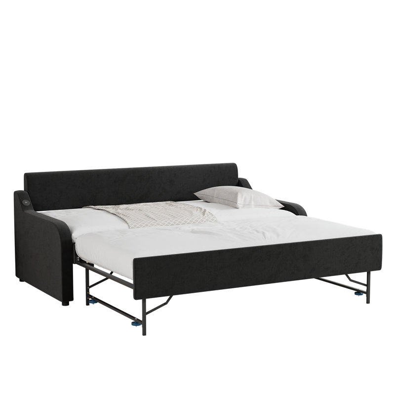 Upholstery Twin Daybed With Trundle & USB Port, Velvet Black
