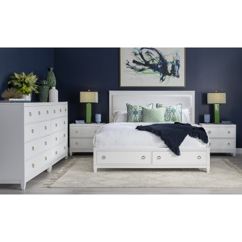 White Queen Upholstered Storage Bed with Headboard and Drawers