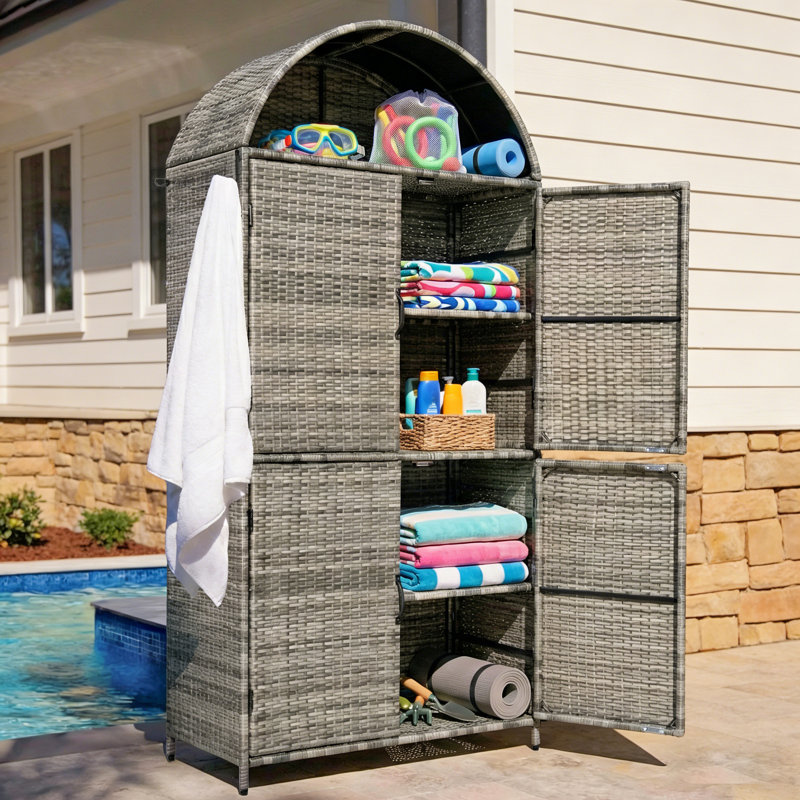 72" Arched Wicker Outdoor Storage Cabinet With Adjustable Shelves & Side Hooks, Gray