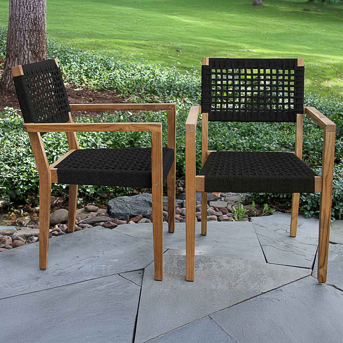 Cava Indoor/Outdoor Rope & Teak Stacking Armchairs, Black