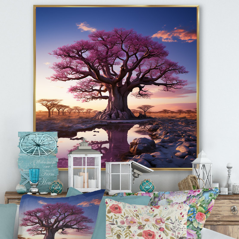 Baobab Trees Enchanted Hues I - Art mural Baobab, Cadre flottant doré, H 16 po x l 16 po x P 1 po