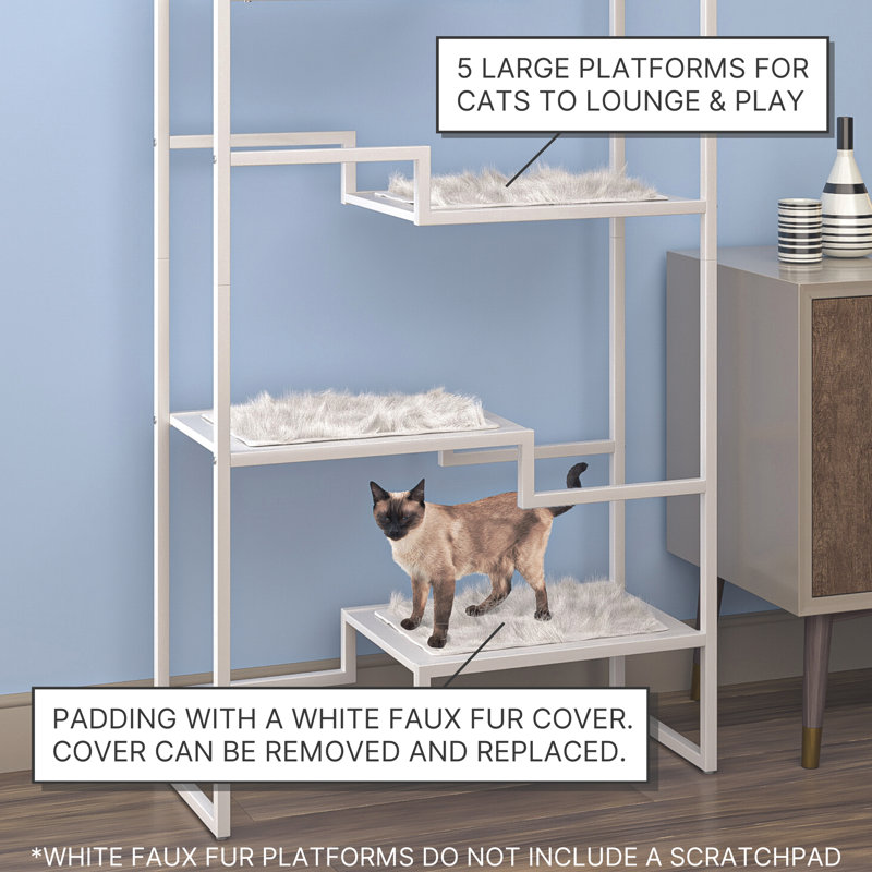 62" Metropolitan Cat Condo - Metal Frame Multi-Level Cat Tower, Scratching Post, Replaceable Parts, White/White Fur