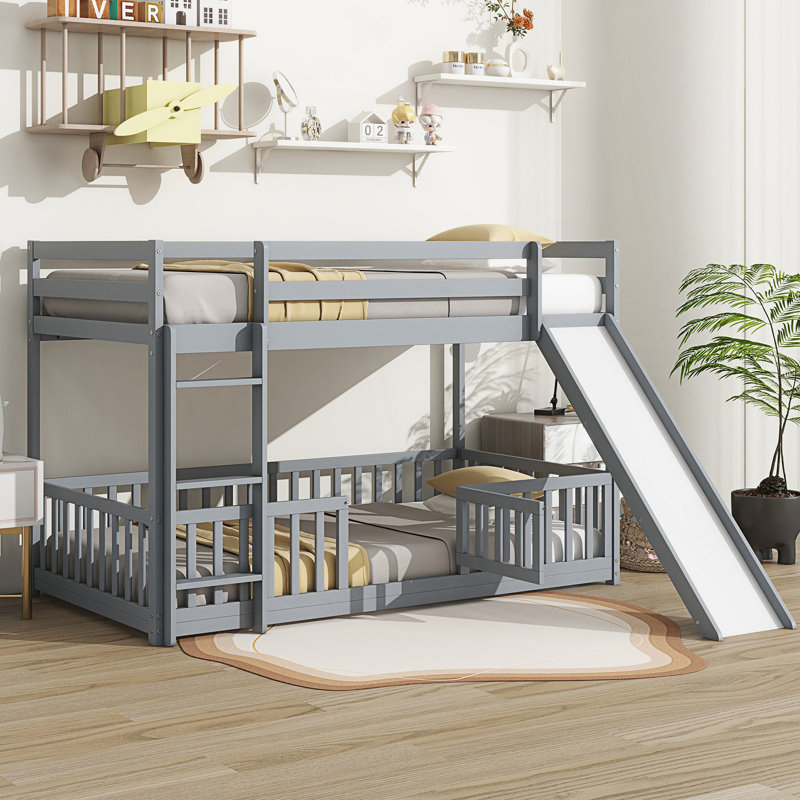 Lit superposé simple au-dessus d'un lit simple avec glissière et échelle, Gris