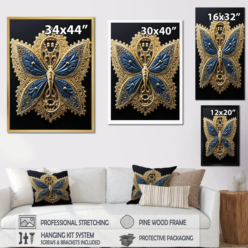 Représentation rétro d'un papillon doré et bleu, H 20 po x l 12 po x P 1 po, Cadre doré à une seule photo