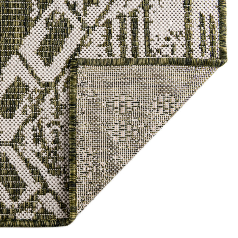 Braeleigh Geometric Machine Woven Polypropylene Indoor / Outdoor Area Rug in Green/Ivory, Runner 2'7" x 8'