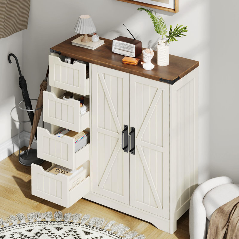 Farmhouse Bathroom Cabinet with 4 Drawers, White/Brown