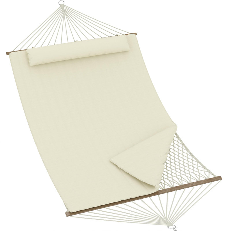 3.5m 2 Person Double Quilted Hammock, Beige Outdoor Swing Bed with Wooden Spreader Bar, Mesh Bag, Cushion & Pillow, 204kg Load Capacity with Hanging Chains