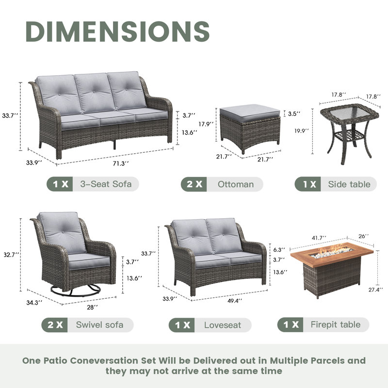7-Piece Outdoor Rattan Fire Pit Conversation set with 3-seat sofa, Loveseat, Swivel Club Chairs and Ottomans, Gray, Gray