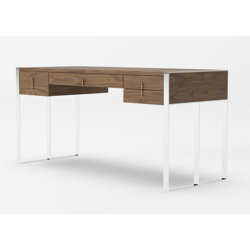 Bureau, 4 tiroirs, structure en métal moderne, brun noyer