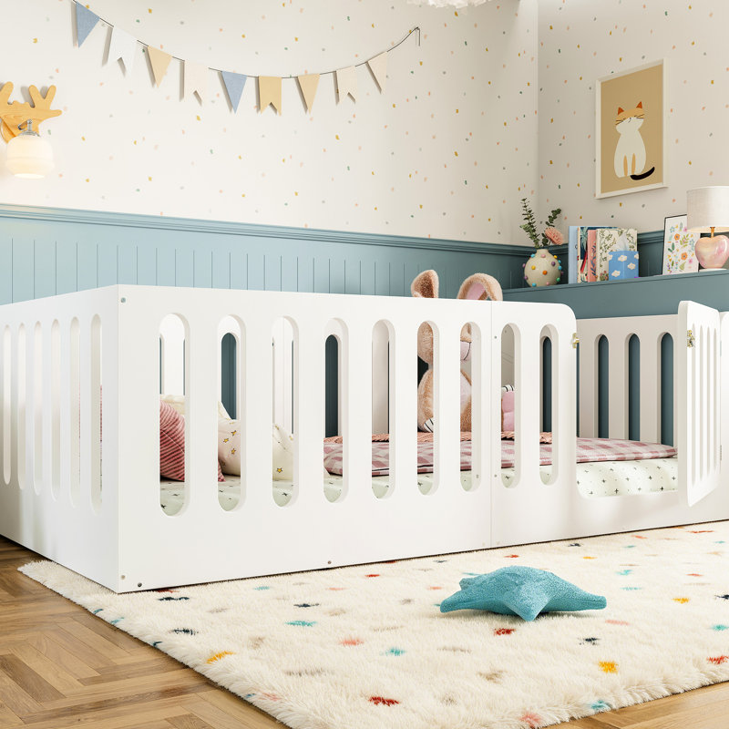Twin Size Floor Bed, Solid Wood, Low-Profile Design, High Fence, No Box Spring, White, Safe And Long-Lasting Bed With Door, Low-Profile, Reliable