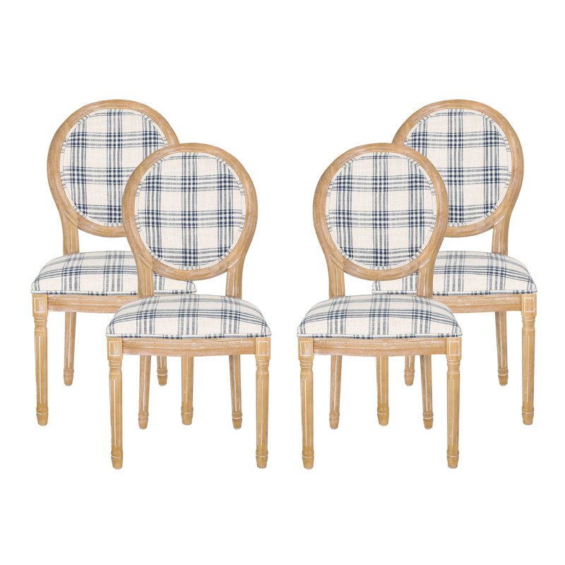 Upholstered Dining Side Chairs, Natural, Dark Blue Plaid
