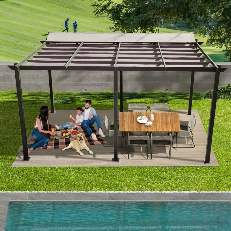 Pergola rétractable d'extérieur de 11 x 16 pi avec abri de jardin en aluminium pour terrasse, Gris foncé