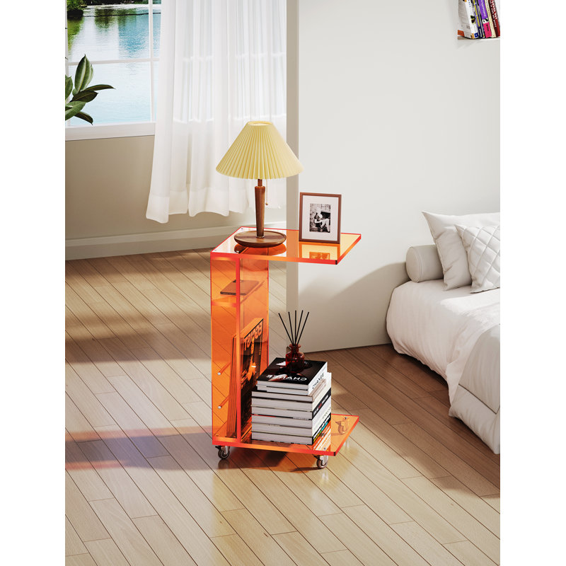 Kabron Acrylic Side Table on Lockable Wheels, C Shaped End Table, Suitable For Living Room, Bedroom, Orange