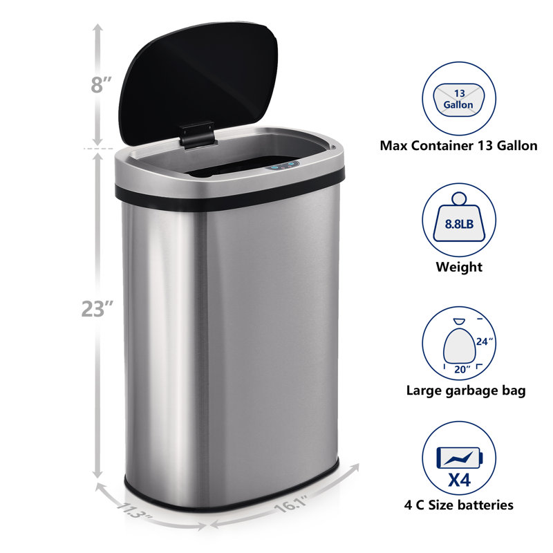 Innovaze 13 Gallon Stainless Steel Touchless Trash Can with Black Lid