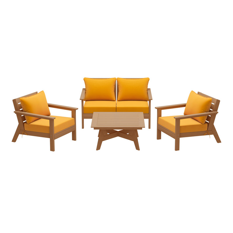 Ensemble de conversation à assise profonde 5 pièces, Jaune, Teck