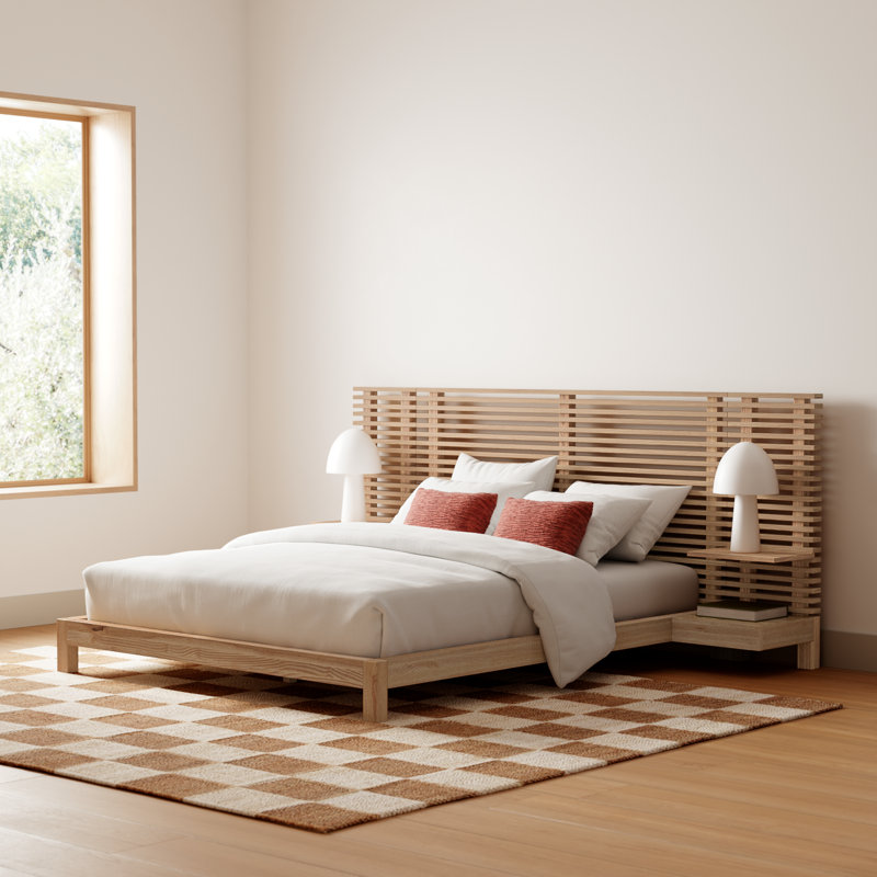 Finnian Unfinished Solid Wood Panel Storage Bed, Queen, Light Oak