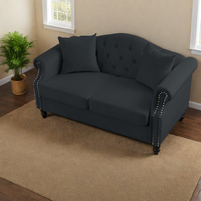 Canapé Chesterfield en velours noir, canapé 2 places moderne pour le salon