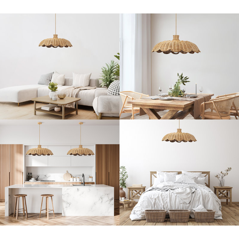 Aurelia Rattan Pendant Light - Natural Dome 1-Light Polished Handwoven Dimmable Hanging Light For Kitchen Island, Kitchen, Dining Room, Living Room, Bedroom or Hallway in Modern, Farmhouse & Boho Style