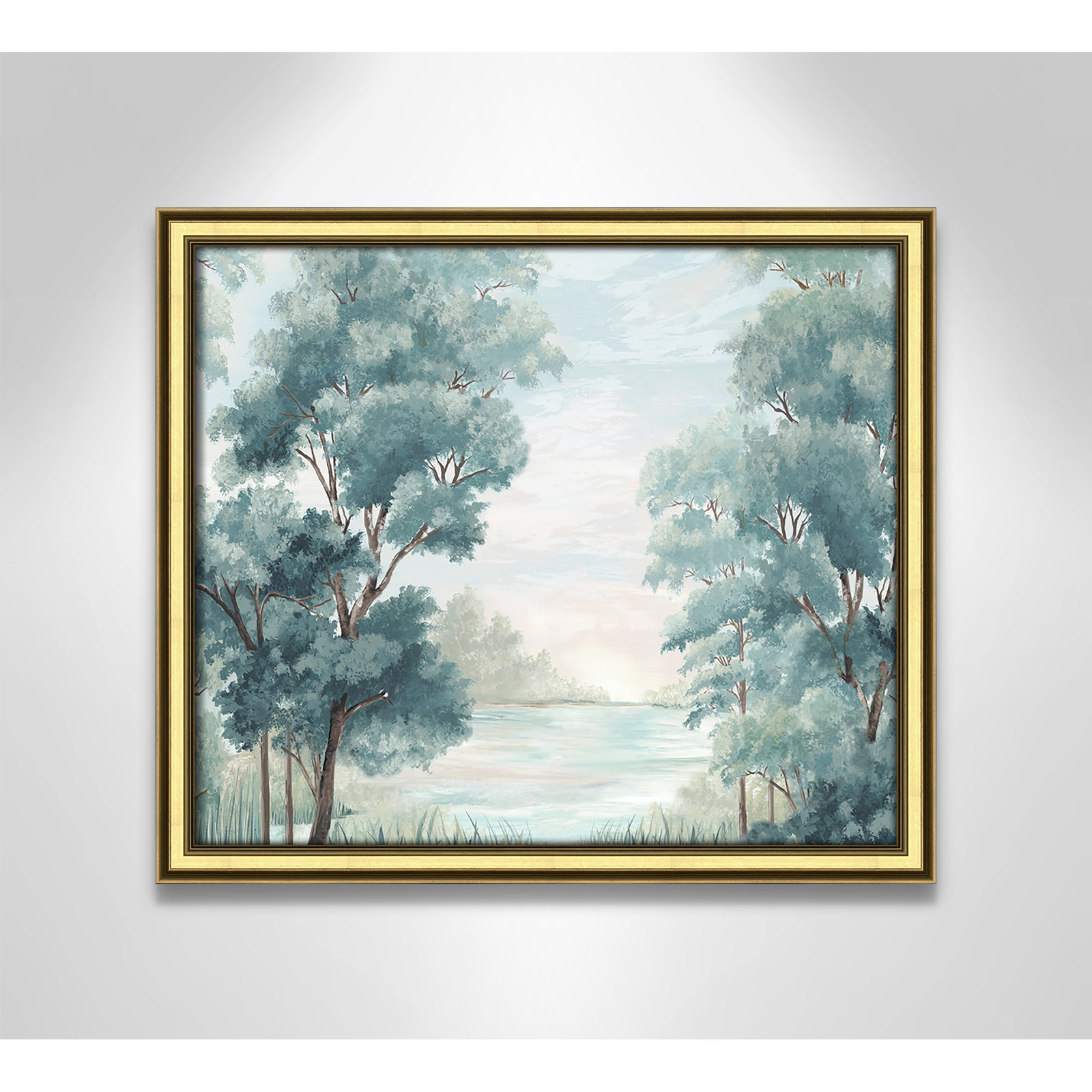 LeeRoy "Calm Forest River" Painting, 14.25" H x 16.25" W x 0.87" D, Gold Framed