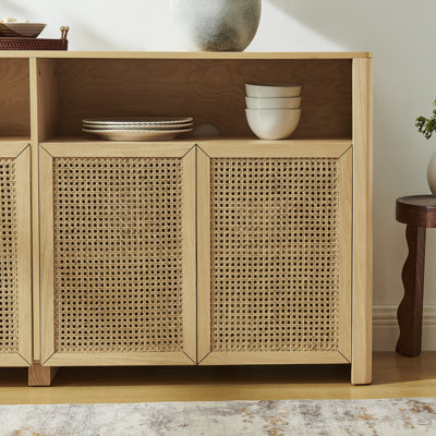63" Mid Century Modern Rattan Sideboard Buffet Cabinet With Storage, Retro Coffee Bar Wine Bar Credenza, Large Media Console Table For Living Room/Entryway/Kitchen, Walnut