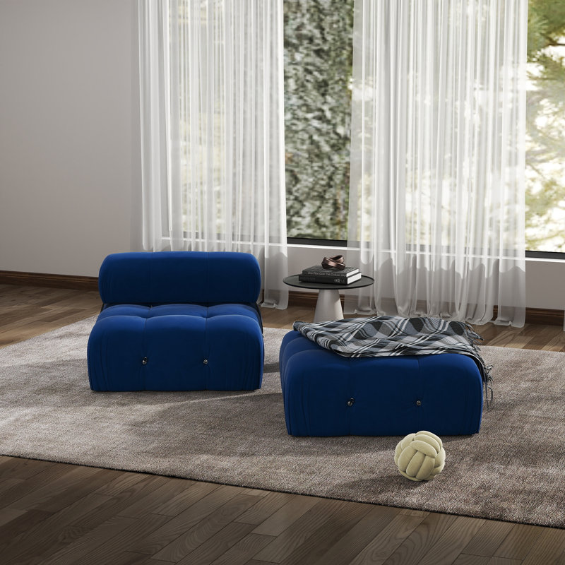 Canapé modulaire en velours sans accoudoirs avec repose-pieds 2 pièces Cylar, Bleu