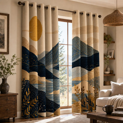 2Pcs Abstract Mountain Sun Landscape Printed Curtains, Vintage Bohemian Style and Pattern Sun Blocking, for Living Room Bedroom Decoration for Home Dector