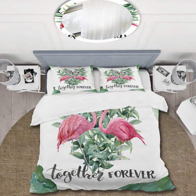 Flamingo Floral Heart With Eucalyptus Leaves - Traditional Duvet Cover Set