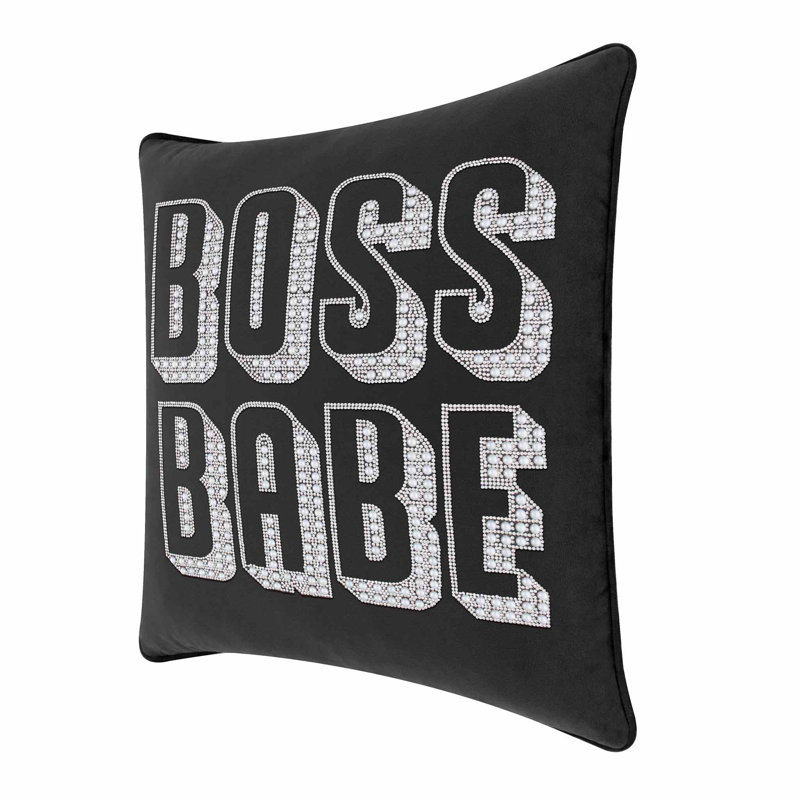 Sparkles Home Boss Babe 16" x 16" Velvet Throw Pillow | Glass Rhinestones | Feather Fill, Black