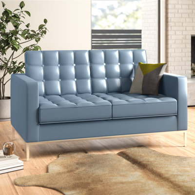 Amjed Contemporary Button Tufted Leather Loveseat w/ Steel Frame