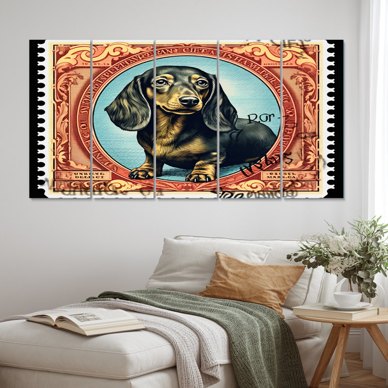 Illustration rétro de timbre de teckel mignon III - animaux, décoration murale chien teckel - 5 panneaux égaux