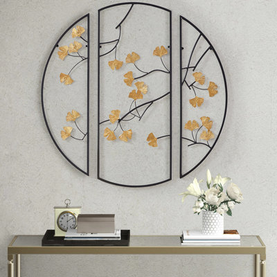 3 décorations murales en métal avec des feuilles de ginkgo dorées sur fond noir