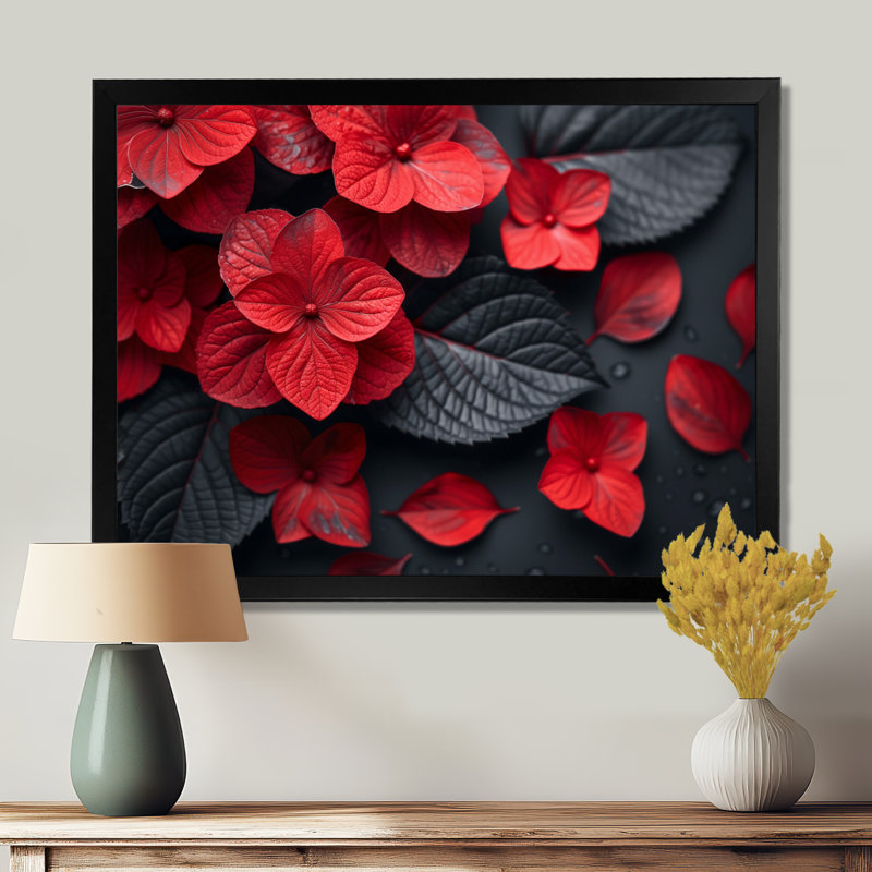 Romantic Rendezvous Red Black Hydrangea II - Hydrangea Wall Art, 16" H x 32" W, Black Single Picture Framed