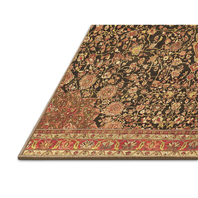 Tapis oriental noir / rouge tissé à la machine Josael, Rectangle de 5 pi x 8 pi