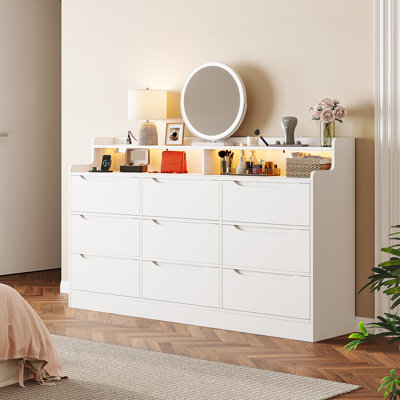 9 Drawer Dresser With Led Lights And Charging Station, Wooden Dresser For Bedroom With 2 Open Shelves